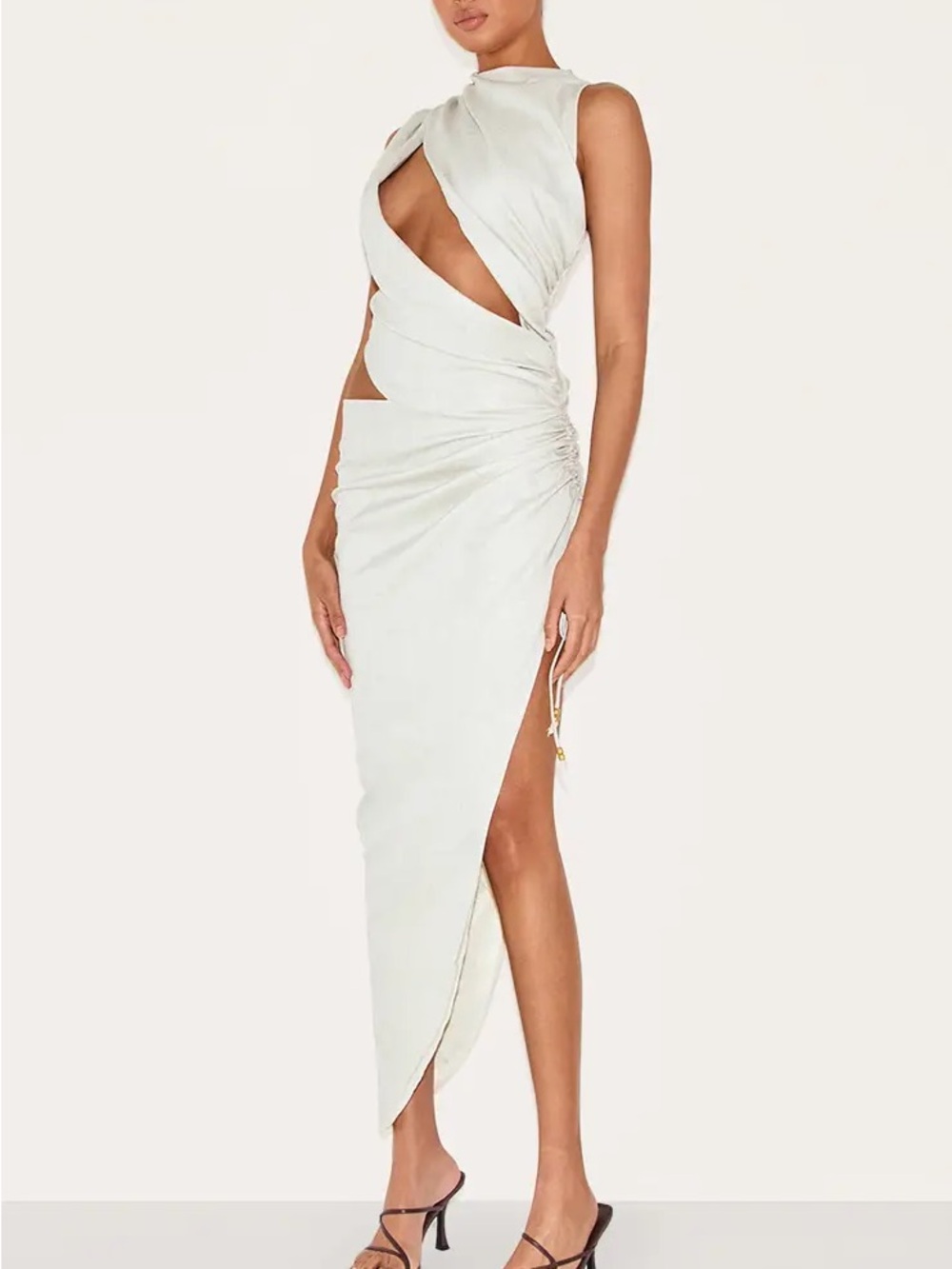 NWT Pretty Little Thing off white cutout draped ruched skirt midi dress size 6